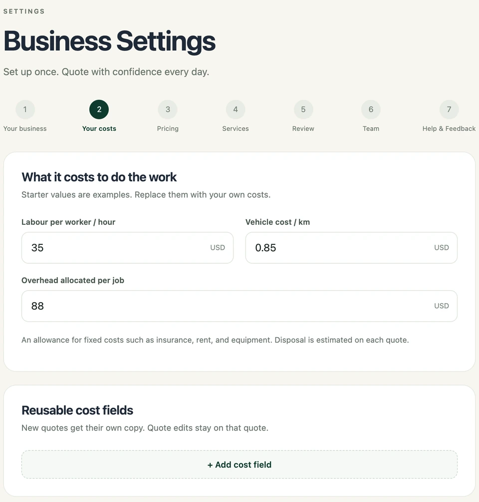 Boparo business cost settings with fictional labor, vehicle and overhead assumptions