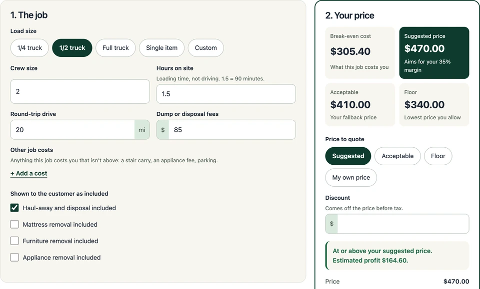 Boparo Free Quote Builder pricing a fictional half-truck job, with its break-even cost and suggested, acceptable and floor prices